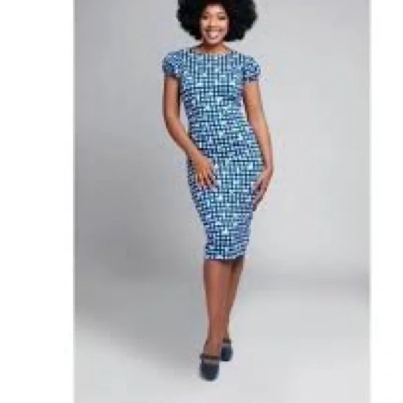 T34a- COLLECTIF LONDON Blue-White GINGHAM Plaid DAISIES Midi DEMIRA Sheath Dress - Picture 10 of 10